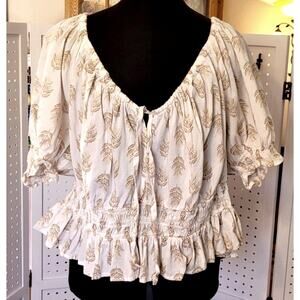 Old Navy Top Blouse XXL SS Ruffles Peplum Peasant Cottage Boho White Leaf Print
